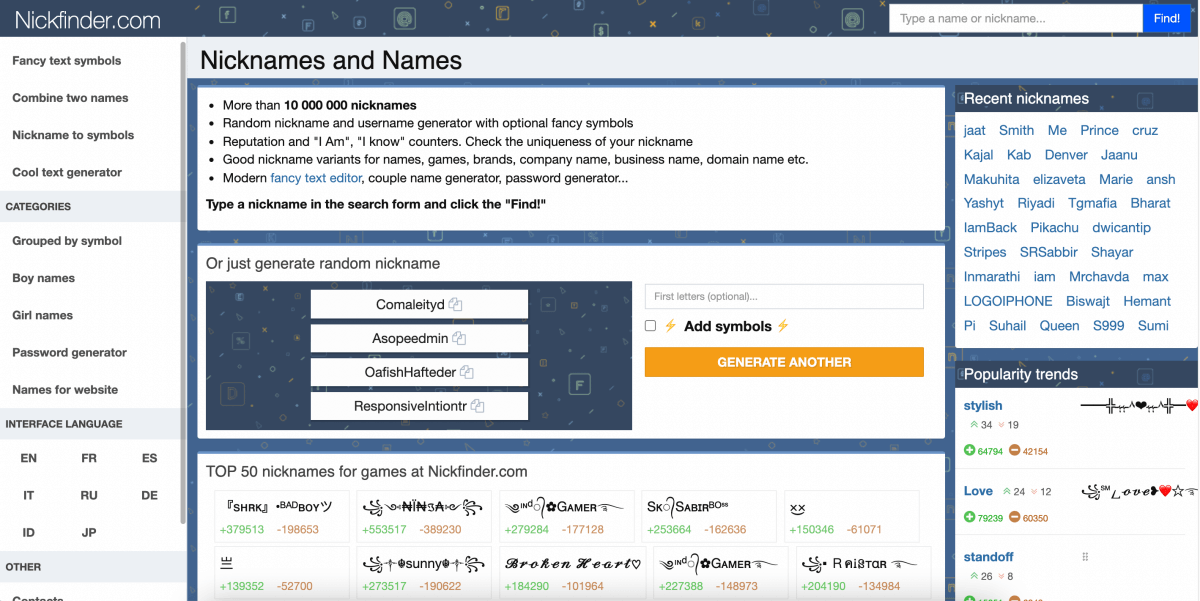 Nickfinder Stylish Names and Nicknames